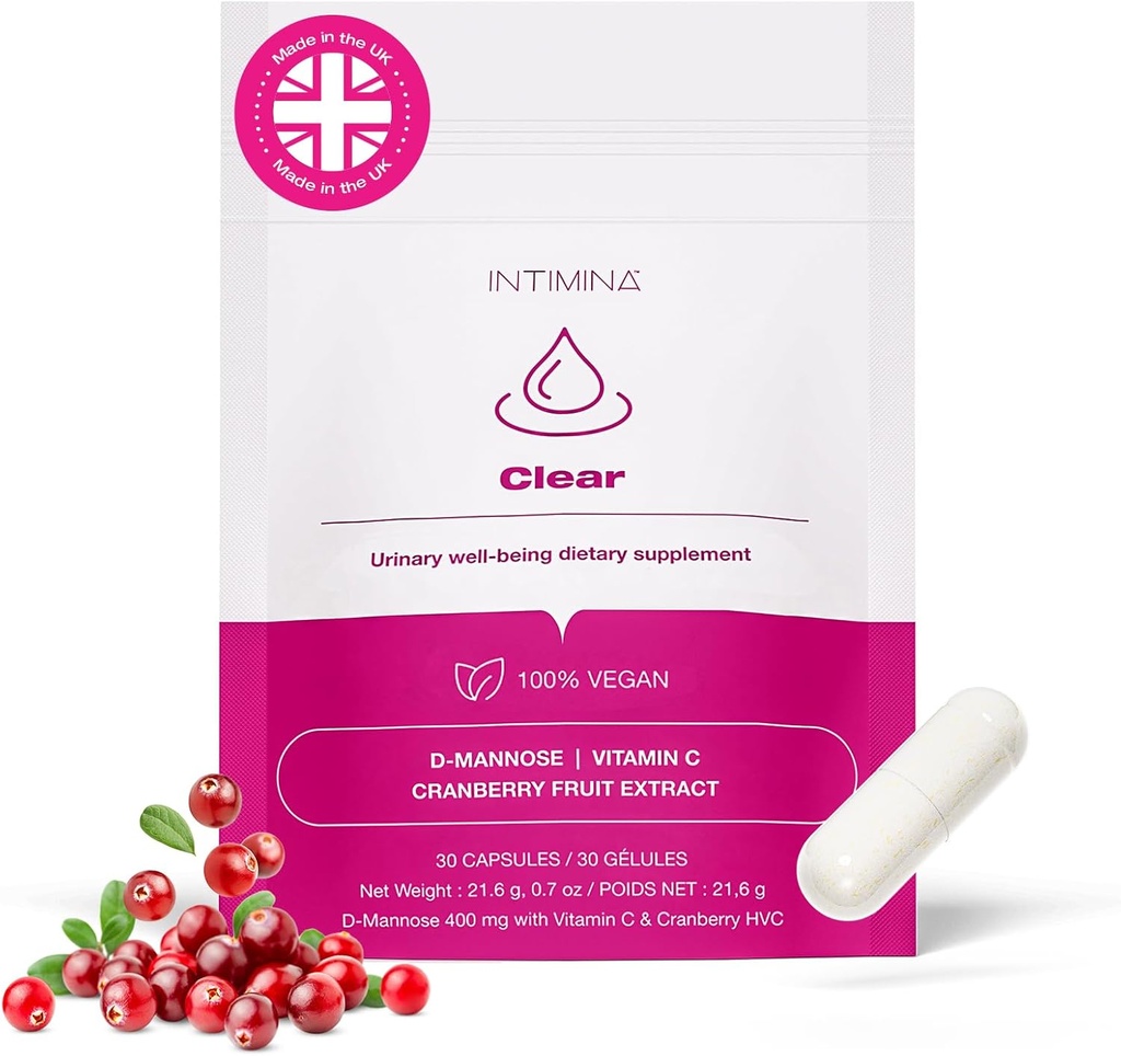 INTIMINA Clear - Women’s Supplements for Urinary Health with Cranberry Extract, D-mannose & Vitamin C for UTI Prevention and Bladder Wellbeing, Bladder Control Supplements, Bladder Support for Women
