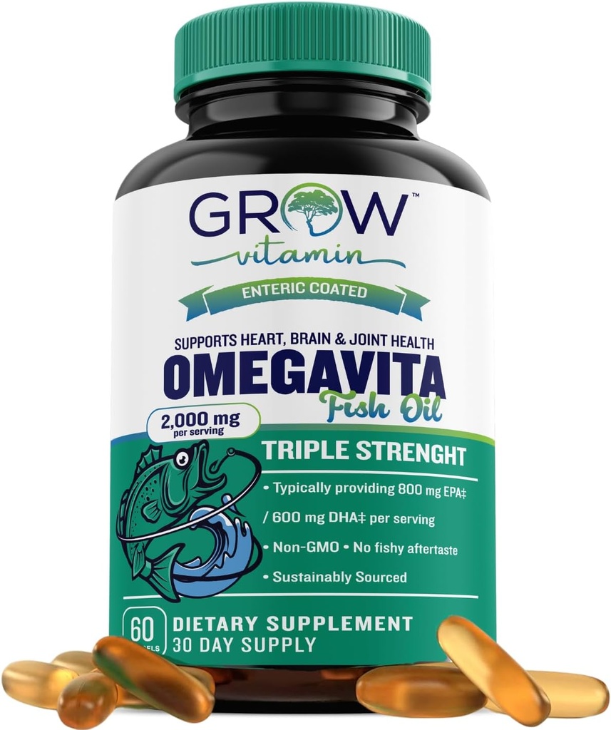 grow vitamin OmegaVita Fish Oil : 800 mg EPA 600 mg DHA Omega 3 Supplement for Heart, Brain & Immune Support, Absorbable Triple Strength Fish Oil Supplement - 2000 mg Per Serving, 30 Day Supply