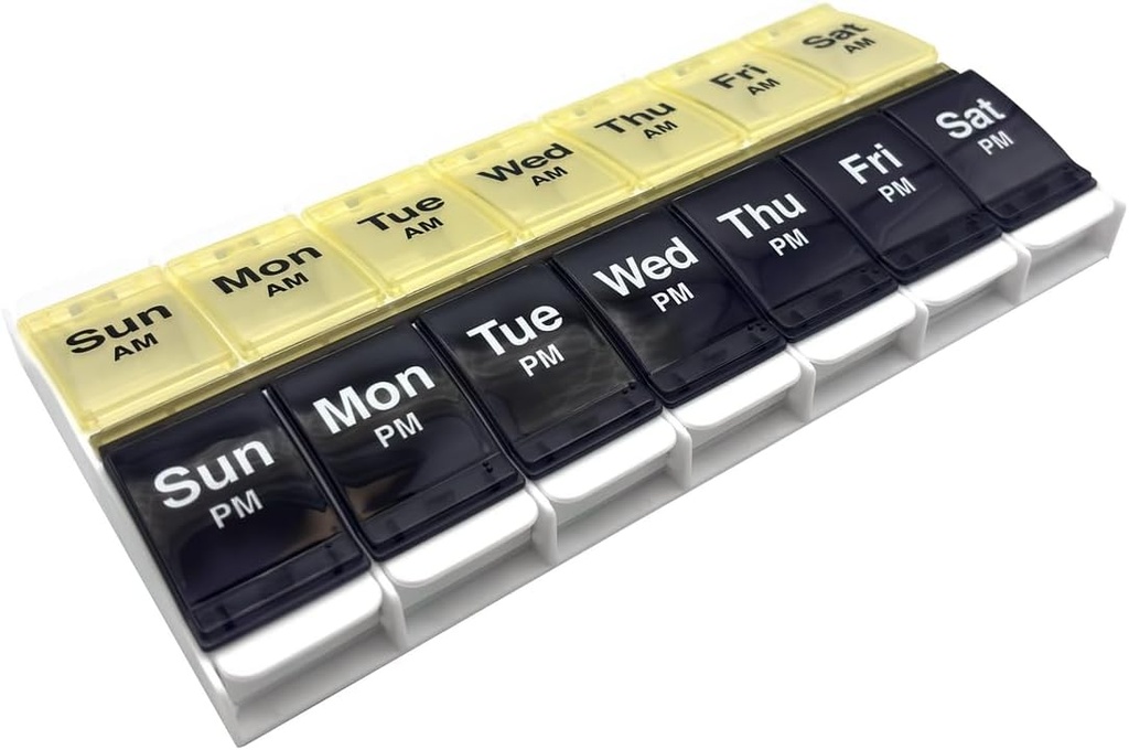 EZY DOSE Push Button (7-Day) Pill Case, Medicine Planner, Vitamin Organizer, 2 Times a Day, AM/PM Container, X-Large Compartments, Arthritis Friendly, Easy to Use, Clear Lids, Blue/Yellow, BPA Free