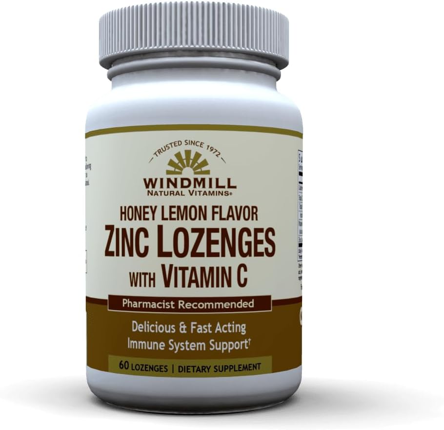 Windmill Health Products Natural Vitamins Zinc Lozenges with Vitamin C Honey Lemon Flavor, Immune System Support, Provides Antioxidant Support, Delicious & Fast Acting, 60 Lozenges, 60 Servings.