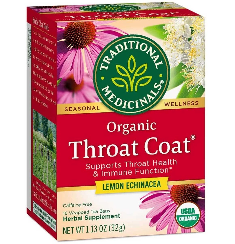Traditional Medicinals Organic Throat Coat Lemon Echinacea Herbal Tea, Supports Throat Health (16 Count (Pack of 2))