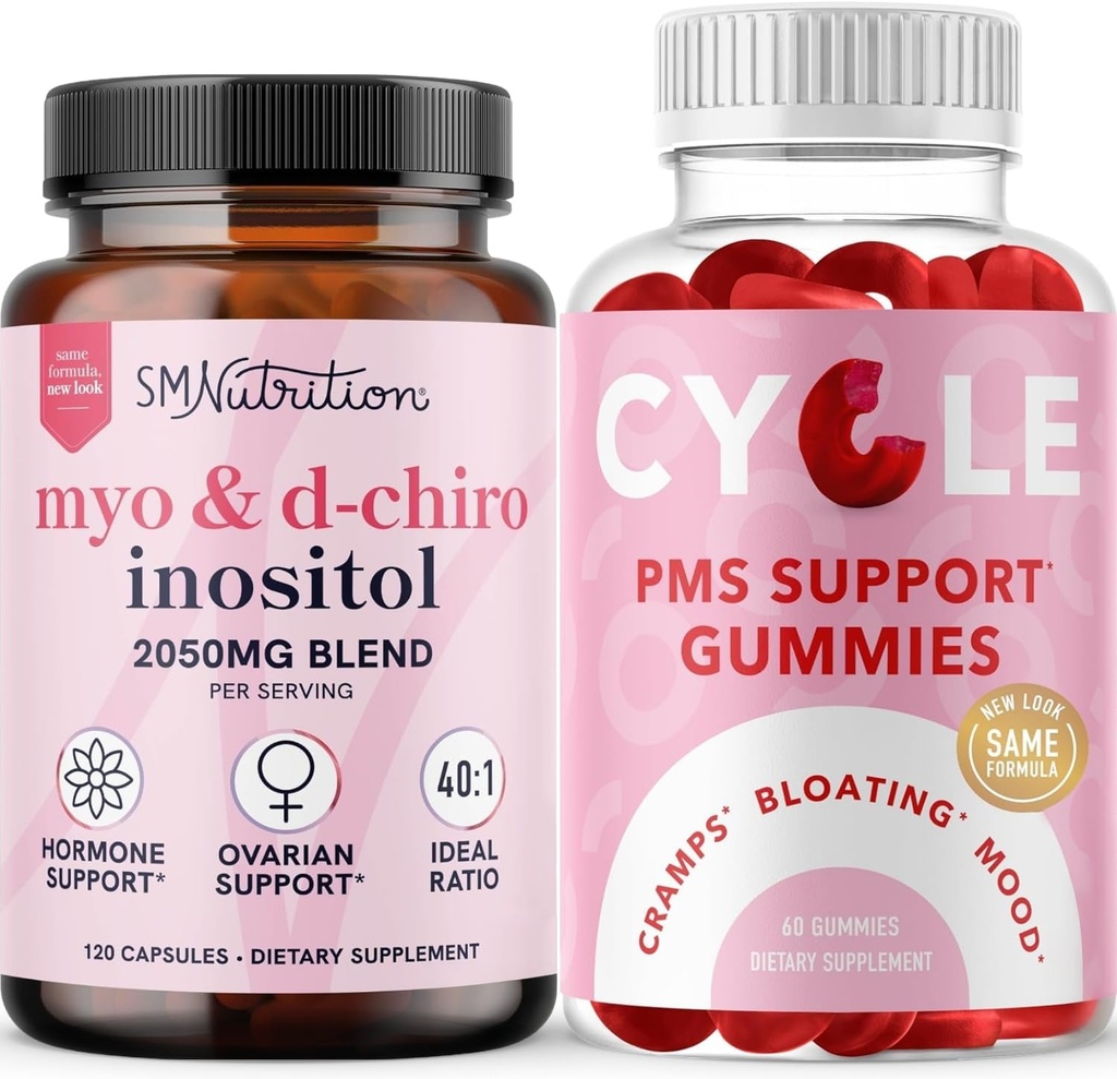 SMNutrition PMS Support Gummies & Myo-Inositol & D-Chiro Inositol | Hormone Balancing Bundle with 40:1 Ratio Inositol Supplement (30 Servings) and Herbal Cycle Support Gummies for Women (30 Servings)