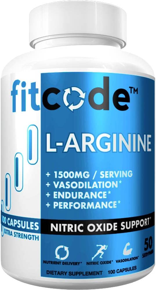 fitcode Pure Extra Strength L-Arginine HCl 1500mg, Nitric Oxide Supplement for Vascularity, Pumps, Endurance, Performance, Muscle Growth, Energy, Powerful N.O. Muscle Pump Capsules (50 Servings)