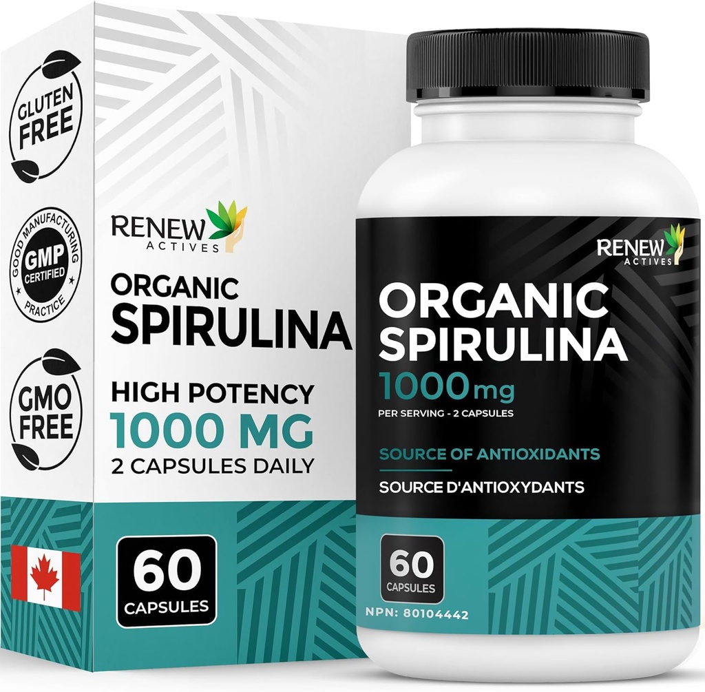 Renew Actives Organic Spirulina 1000MG per 2 Capsules – Superfood for Men & Women – Supports Energy, Wellness & Immune Function – Rich in Antioxidants & Nutrients – Made in Canada – 60 Capsules