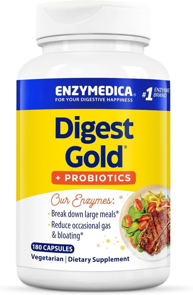 Enzymedica Digest Gold + Probiotics, 2-in-1 Formula for Gut Health, Digestive Enzymes & Active Probiotic Cultures, 180 Count
