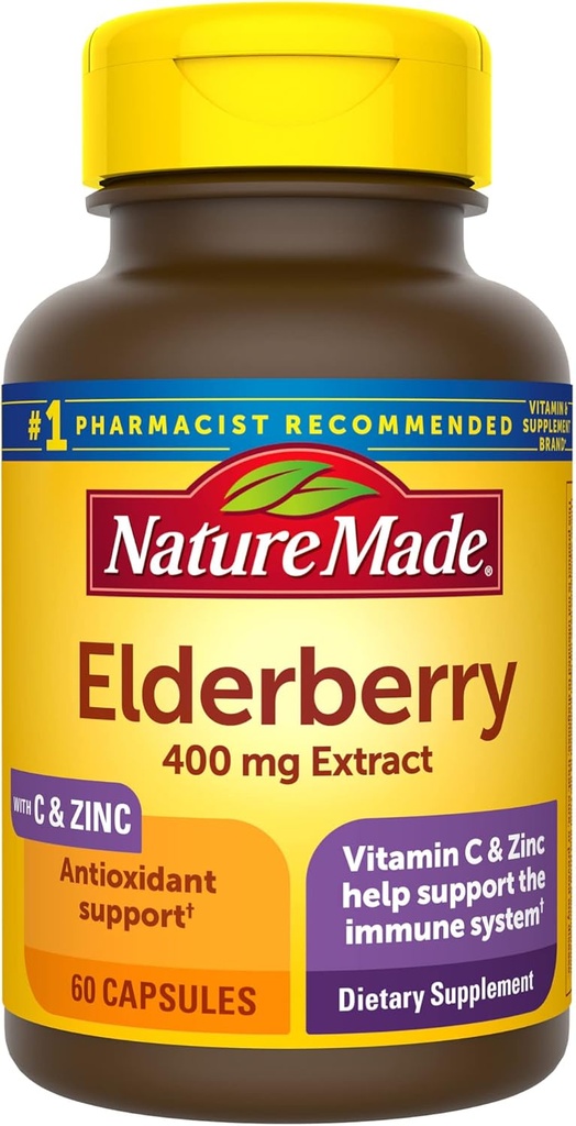 Nature Made Elderberry 400 mg Extract with Vitamin C and Zinc, Dietary Supplement for Immune Support, 60 Capsules, 60 Day Supply
