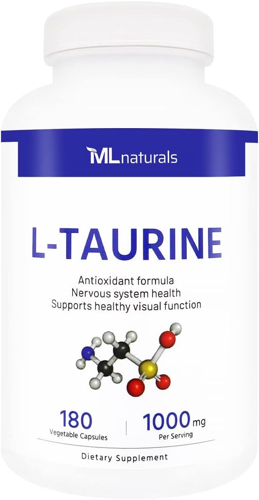 ML Naturals L-Taurine 1000 mg 180 Vegetable Capsules. 99.9% Purity L-Taurine. Nervous System Health & Antioxidant Support, NSF-Certified & cGMP-Compliant.