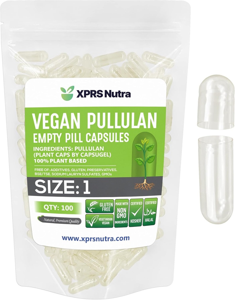 XPRS Nutra Size 1 Pullulan Empty Capsules - 100 Count Clean Label Plantcaps Clear Empty Vegan Capsules - Premium Vegetarian Pills - Do-It-Yourself Vegetable Capsule Filling