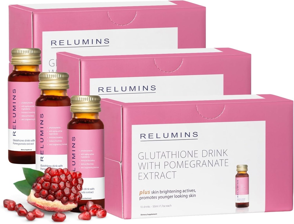 Relumins Glutathione Hydration Shots - Post-Summer Skin Recovery & Cold Weather Hydration - Collagen-Boosting & Made in USA - Pomegranate Flavor – 30 Bottles x 50 ml