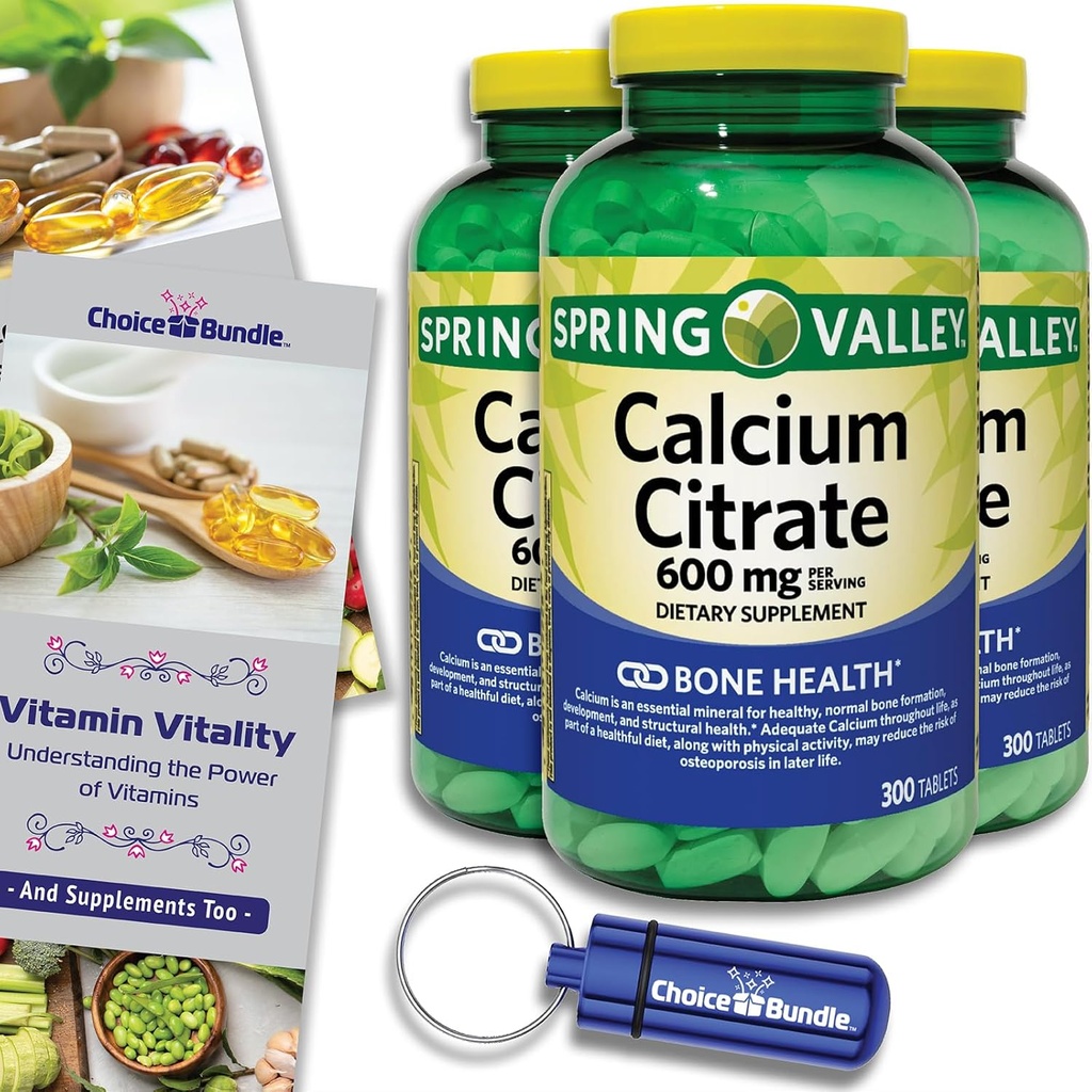 Spring Valley Calcium Citrate Tablets Dietary Supplement 600 mg 300 Ct 3 pk Choice Bundle (900 Total) + Vitamin Guide & Pill Container (5 Items)!