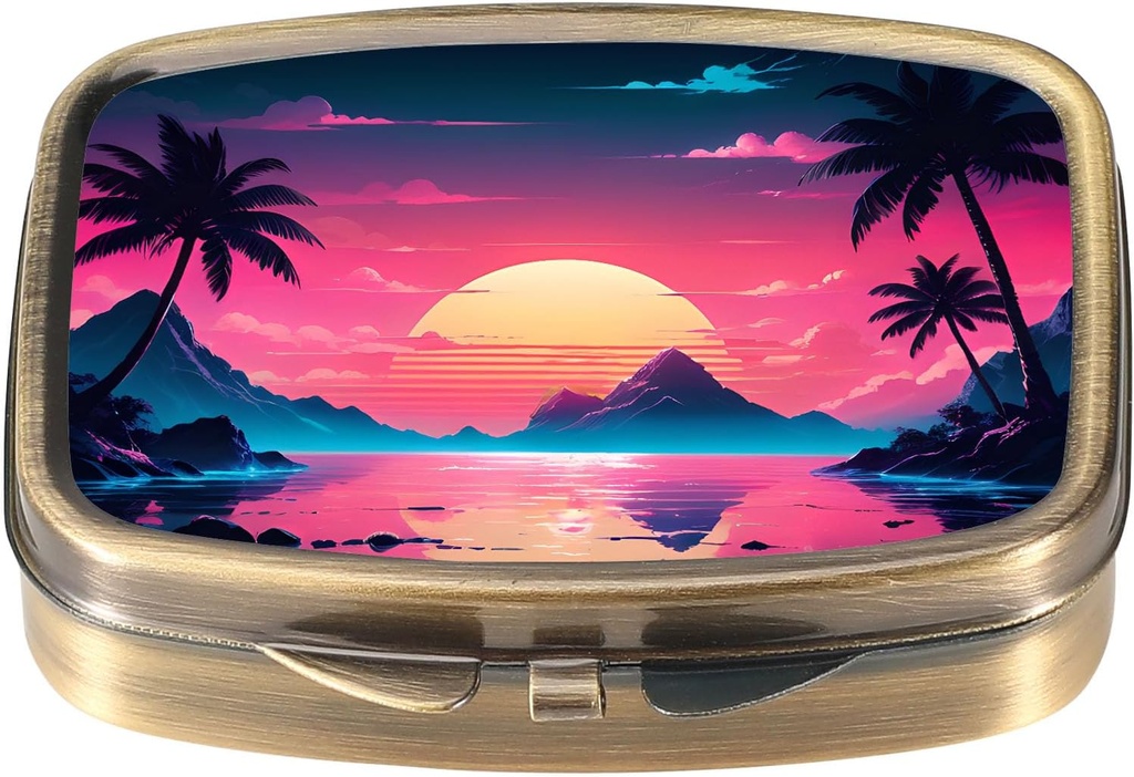 Dynippy Pill Case Pill Box with Mirror Retro Pocket 2 Compartment Medicine Case Vitamin Pill Organizer for Pocket Purse and Travel (Vintage Landscape Pattern)