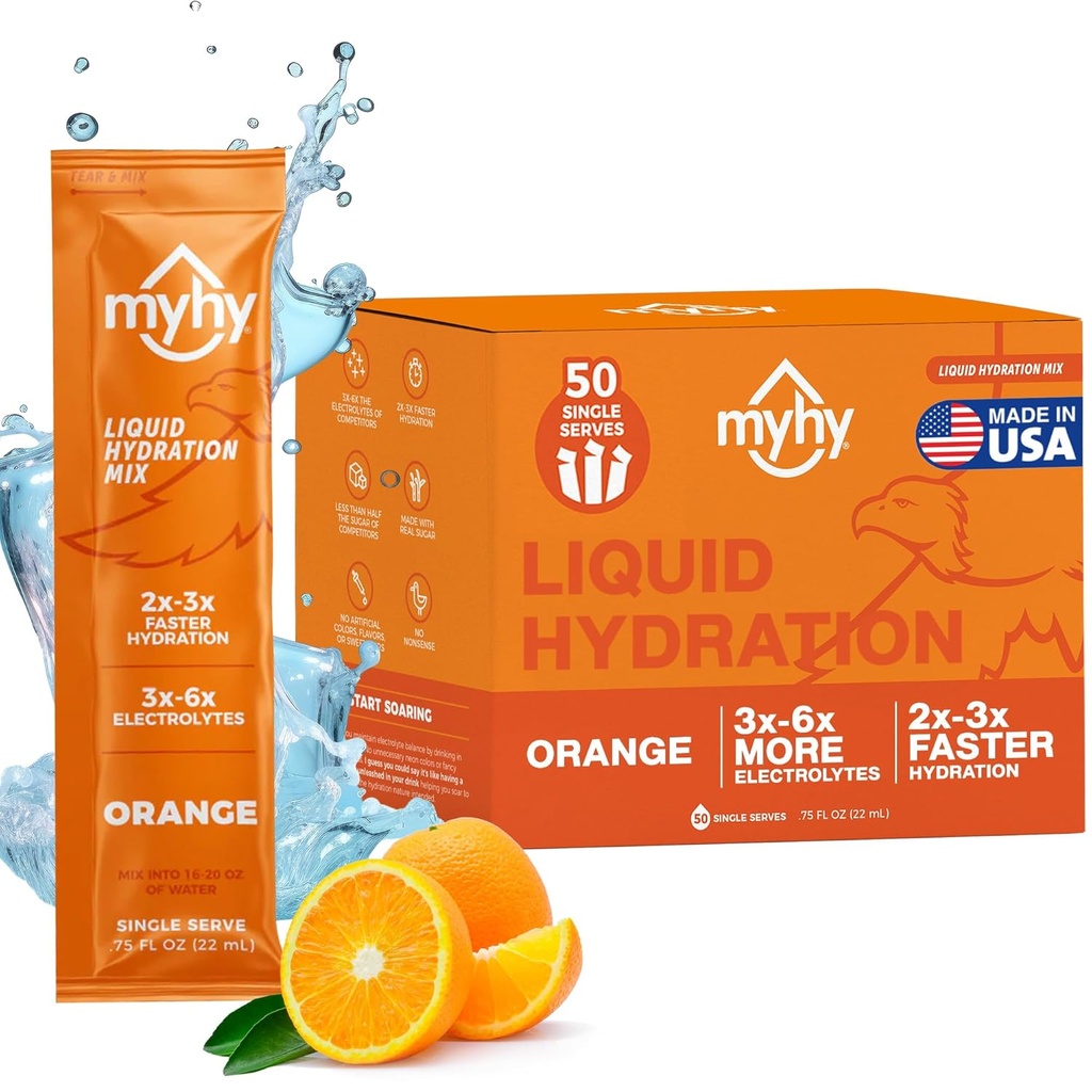 MyHy Liquid Hydration Packets, Electrolyte Drink Mix for Adults & Kids Hydration Support, Dehydration Relief for Travel, Pregnancy, Fitness, Bachelor & Bachelorette Party – Orange, 50 Count