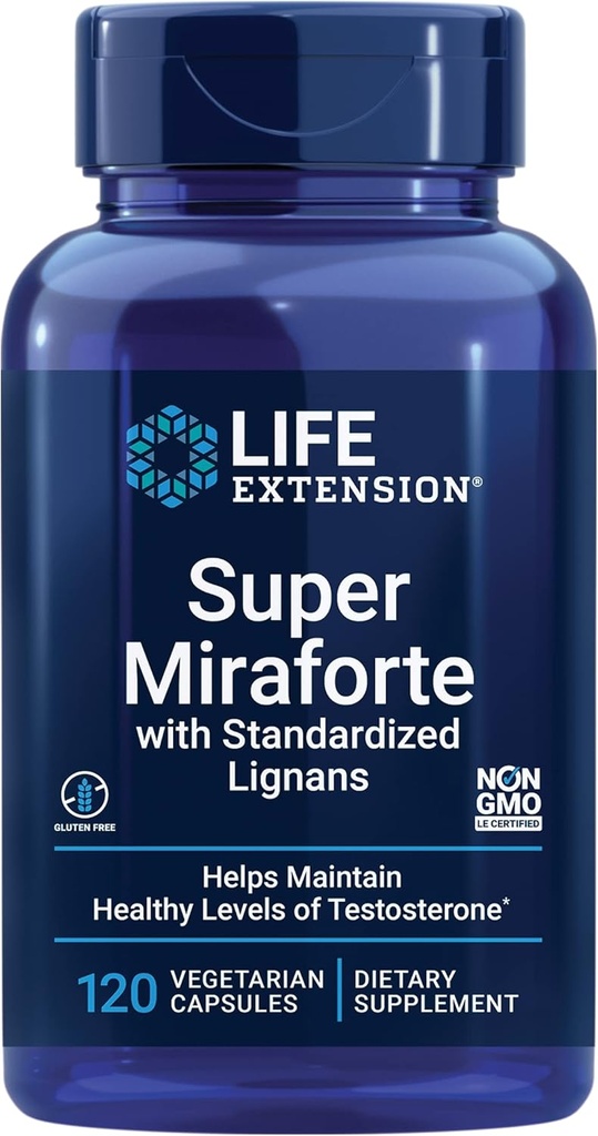 Life Extension Super Miraforte with Standardized Lignans, chrysin, Nettle Root, Muira puama, maca, zinc, Focused Formula for Testosterone Benefits, Vegetarian, Gluten-Free, Non-GMO, 120 Capsules