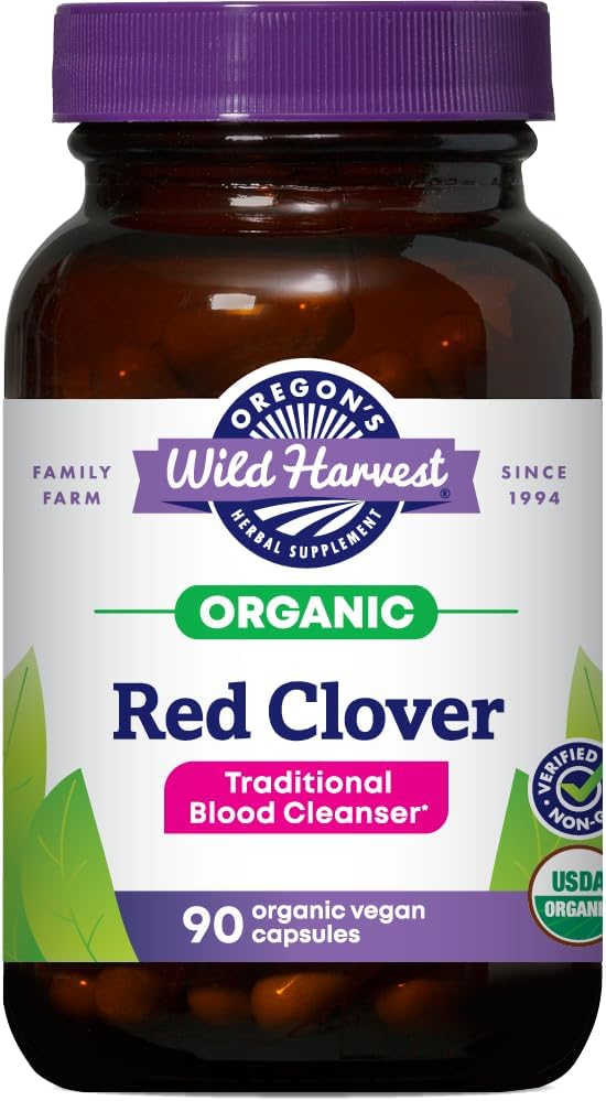 Oregon's Wild Harvest Red Clover Capsules, Non-GMO Organic Herbal Supplements, 90 Count,Organic Red Clover Blossoms and Leaf (Trifolium pratense), Non-GMO Vegan Capsules and Nothing Else