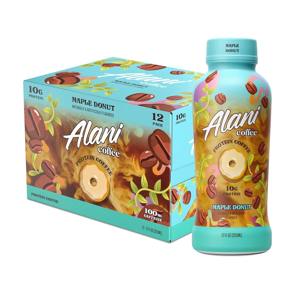 Alani Nu Protein Coffee MAPLE DONUT | Ready To Drink Cold Brew with 10g of Protein | 100mg Caffeine | 90 Calories, Naturally Flavored | 12 Fl Oz Bottles | 12 Pack