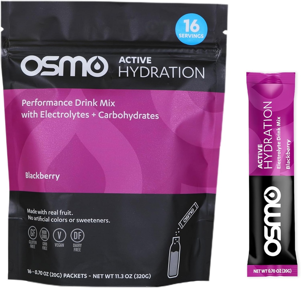 Osmo Active Hydration Electrolyte Powder - Includes Sodium, Magnesium, Potassium, Carbs & Vitamins, All Natural Ingredients, 3X Faster Hydration, Boosts Power & Endurance - 16 Packets, BlackBerry