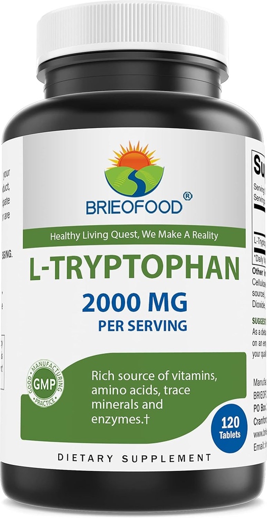 Brieofood L-Tryptophan 2000mg per Serving - 120 Tablets - Supports Poisitive Mood & Relaxation