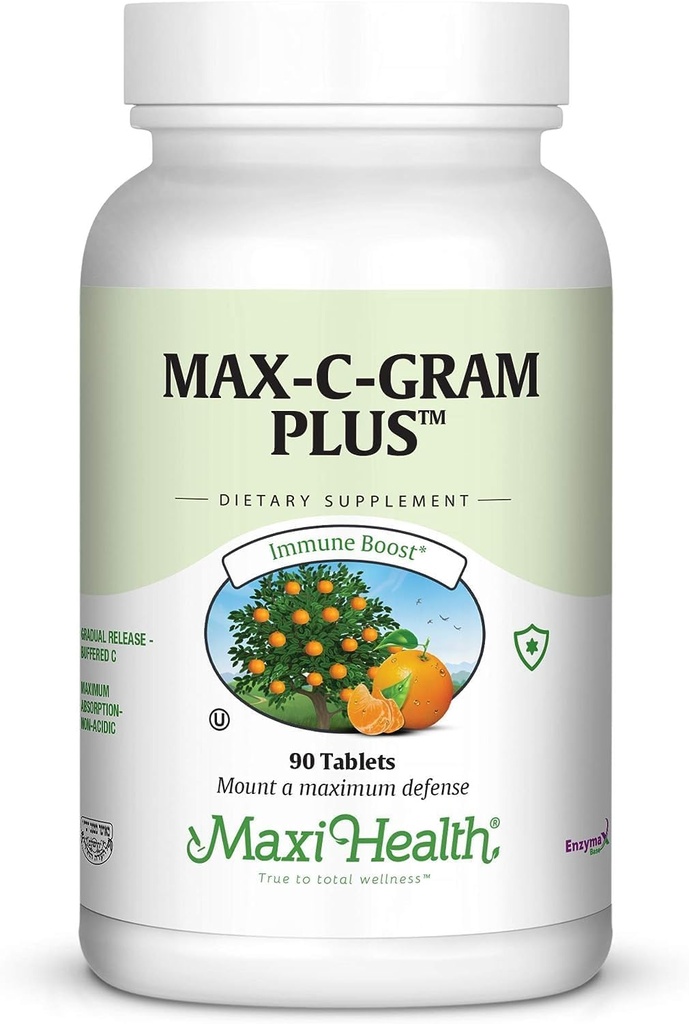 Maxi Health Vitamin C 1050mg – Buffered C Complex with Calcium Ascorbate & Bioflavonoids – Immune Support Supplement, Non-Acidic, Gentle on Stomach, Gradual Release – 90 Tablets