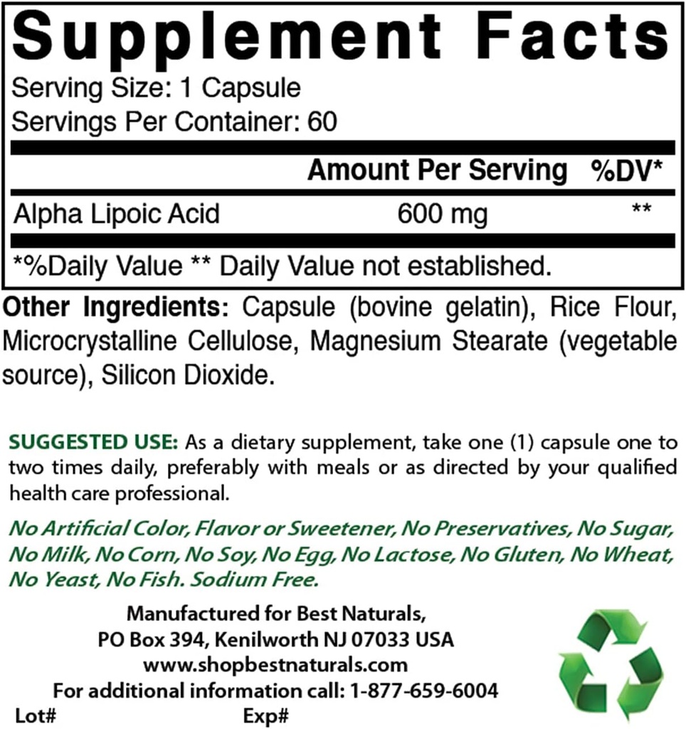 Best Naturals Alpha Lipoic Acid 600 mg & Selenium 200 mcg