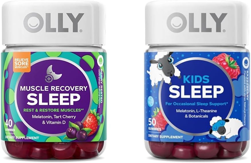OLLY Muscle Recovery Sleep Gummies with Tart Cherry, 40 Count and Kids Sleep Gummy with Melatonin, Chamomile, 50 Count
