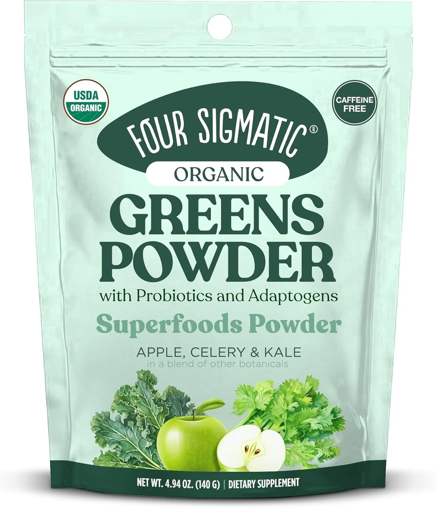Four Sigmatic Organic Greens Powder | Greens Superfood Powder with Probiotics & Prebiotics | Super Greens with Moringa, Chaga & Turkey Tail | (4.94 oz.)