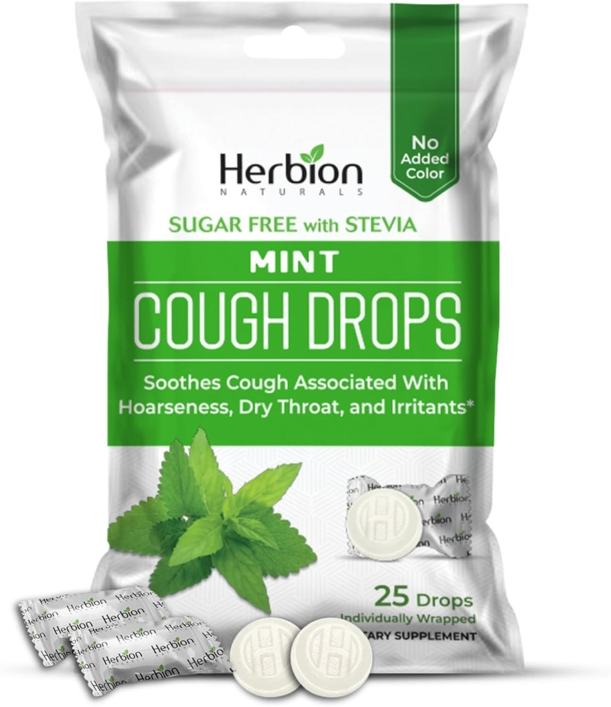 HERBION Naturals Cough Drops, Sugar-Free with Stevia, Dietary Supplement, Soothes Cough, for Adults & Children Over 6 Years, 125 Drops (Pack of 5), Mint