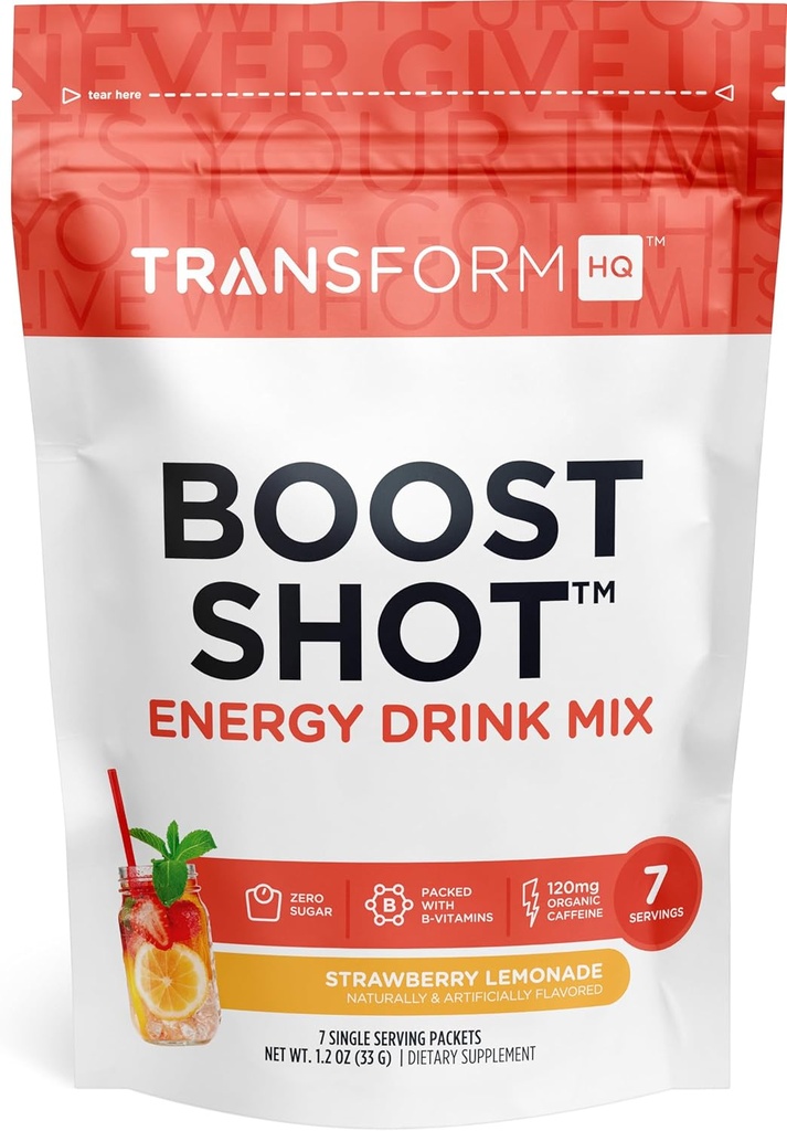 TransformHQ Boost Shot Powder Drink Stick Packets, Strawberry Lemonade, 7 Pack, Energy Supplements for Women & Men, with Caffeine, Vitamin B12, B9, B6 & B3