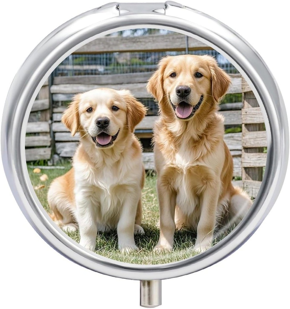 Round Pill Case 3 Compartment Golden Retriever Dogs Puppies Pets Pill Box Mini Medicine Pill Organizer Portable Travel Pillbox for Pocket Purse Metal Pill Container for Vitamins Fish Oil Supplements