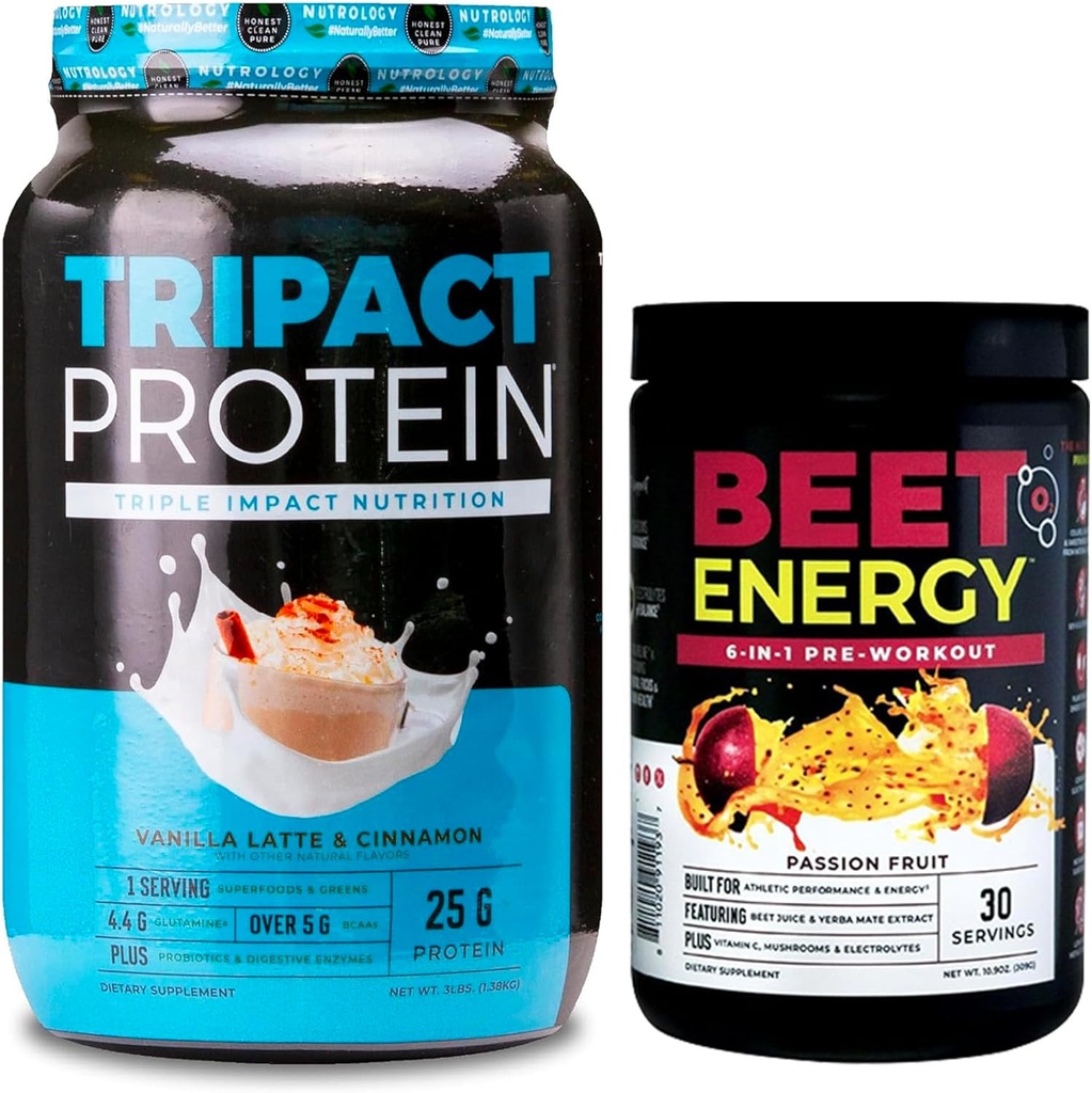 Nutrology TRIPACT Protein Powder, 7-in-1 Meal Replacement Shake, Vanilla Latte Cinnamon Flavor (40 Servings) Beet Natural O2, Pre Workout Powder, Passion Fruit Flavor (30 Servings)
