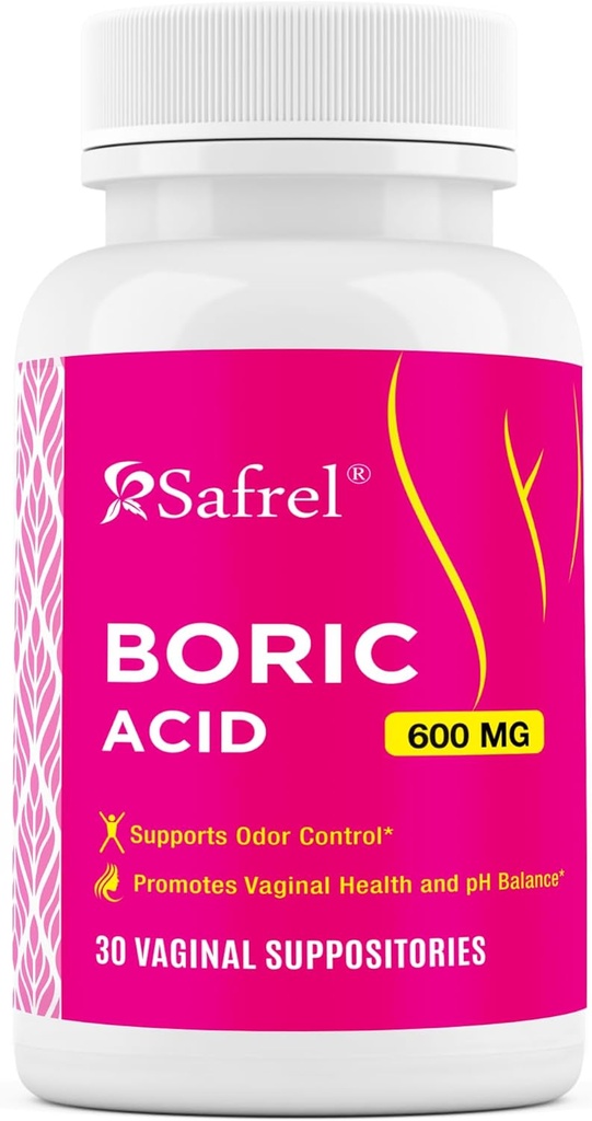 Safrel Boric Acid Vaginal Suppositories - 100% Pure Made in USA - Intimate Health Support, Vaginal Health and pH, Odor Control (30 Count (Pack of 1))