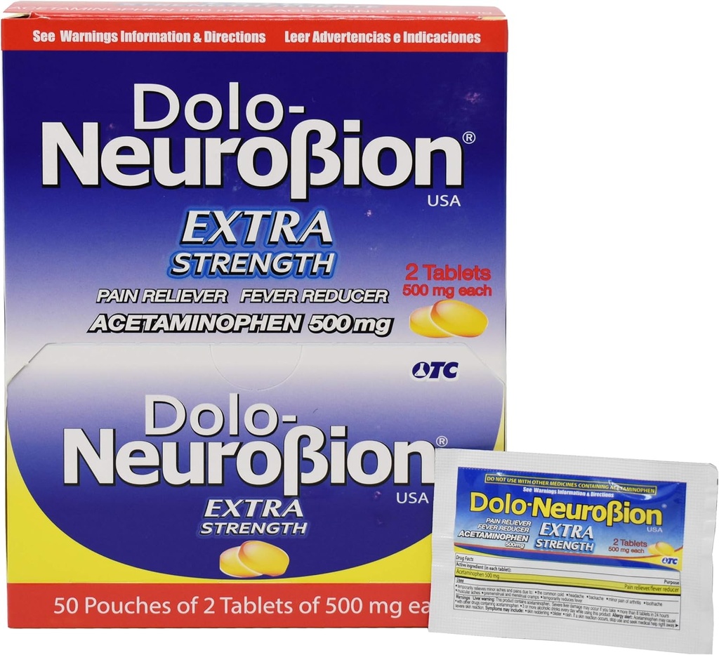 Neurobion Dolo Pain Reliever, Fever Reducer, Extra Strength, Fuerte, Alivia el Dolor, Reduce la Fiebre Dispenser 50 x 2 Tablets