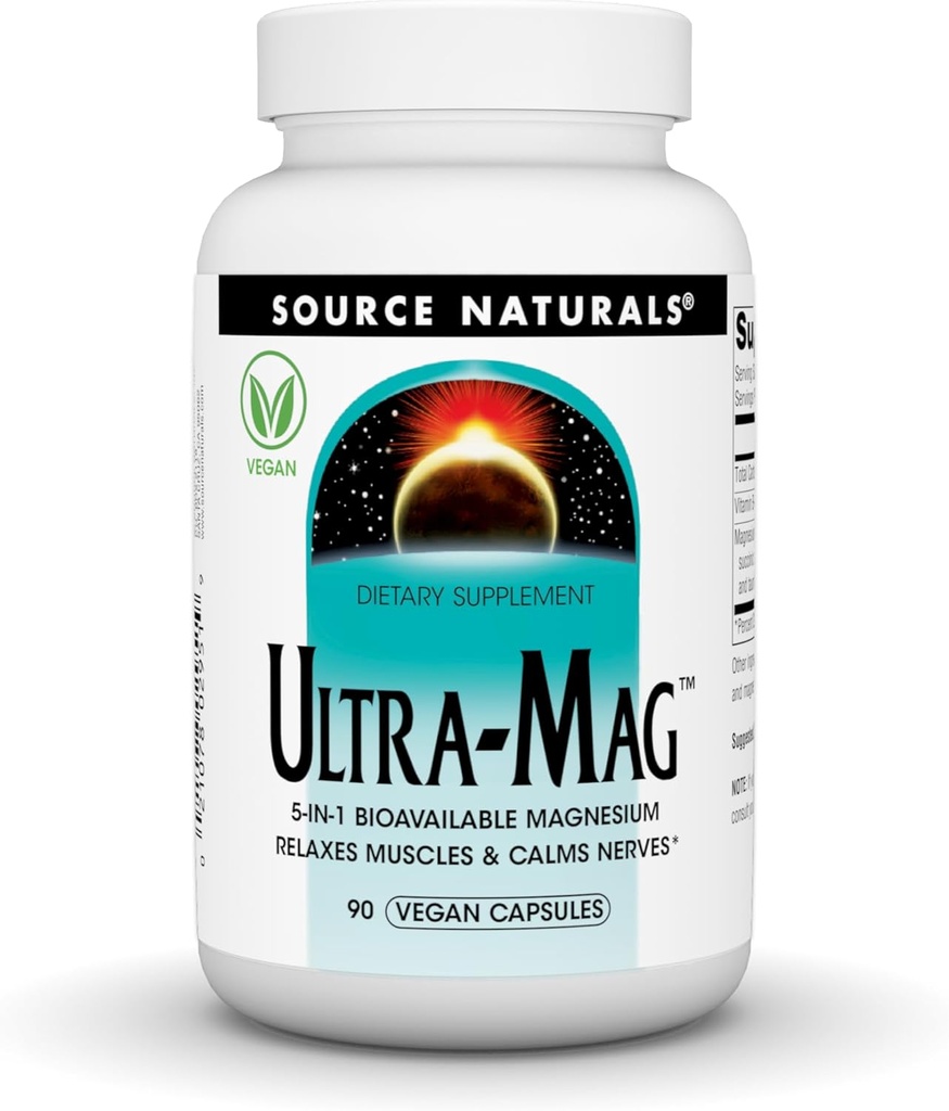 Source Naturals Ultra-Mag, Vegan Dietary Supplement, 5-in1 Bioavailable Magnesium, Relaxes Muscles & Calms Nerves*, Vegan Capsules (90)