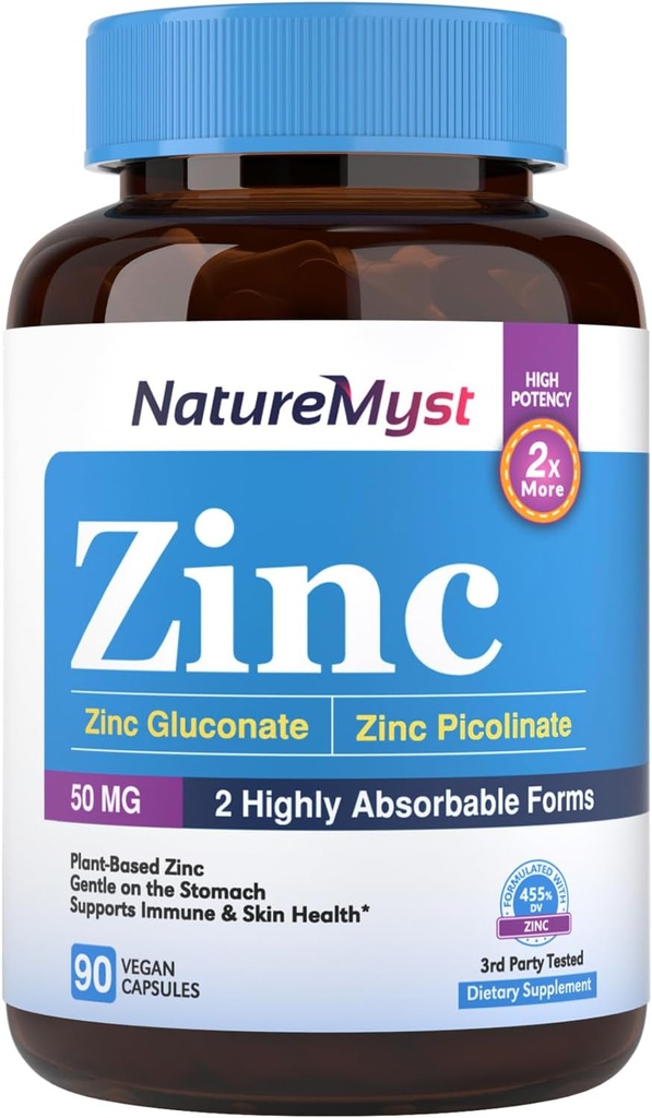 Zinc, Highly Absorbable Zinc Gluconate & Zinc Picolinate, 50 mg of Elemental Zinc, Gentle on The Stomach, Immune, Cell & Skin Health, 90 Vegan Caps
