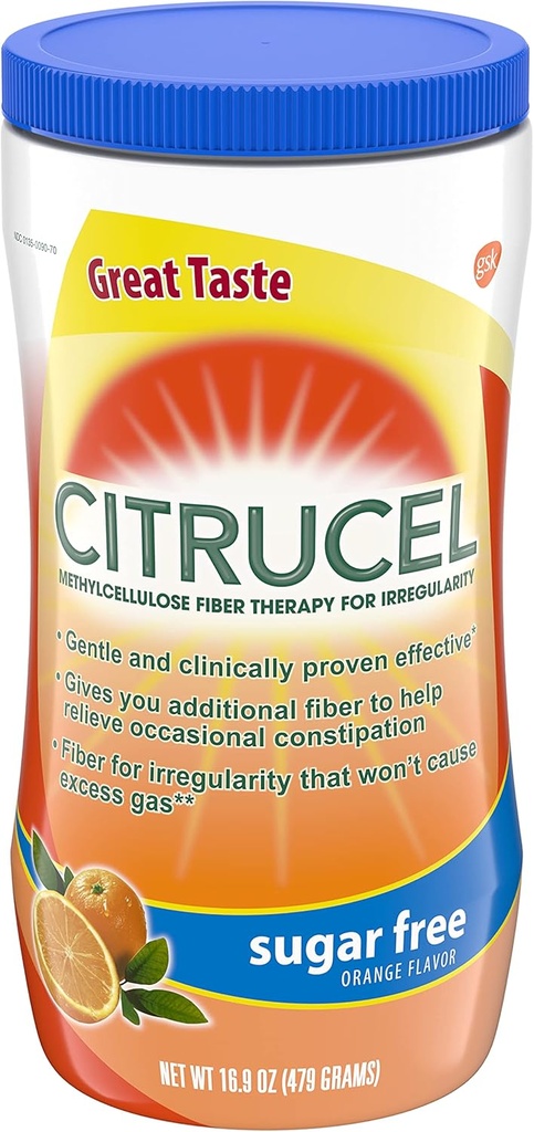 Citrucel Sugar Free Fiber Powder for Occasional Constipation Relief, Methylcellulose Fiber Powder, Orange Flavor - 16.9 Ounces