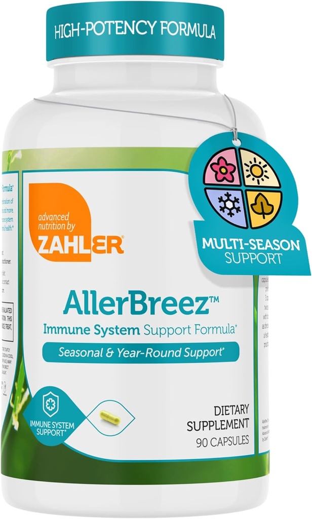 Zahler AllerBreez Immune System Support Formula with Vitamin C, Quercetin, Vitamin B5, MSM & Stinging Nettle - Seasonal & Year-Round Immune Support Supplement, Dhist Allergy Supplement (90 Capsules)