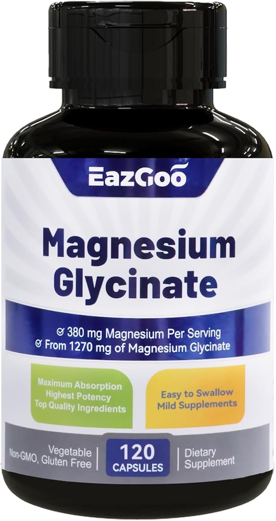 Magnesium Glycinate Capsules 1270mg, 380mg Magnesium Supplement, High Absorption Magnesium Glycinate Supplement, Non-GMO No Gluten, 120 Capsules