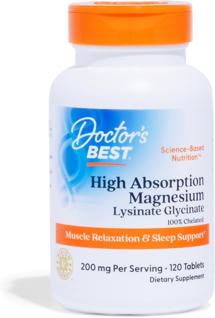 Doctor’s Best High Absorption Magnesium Glycinate Lysinate Supplement - 100% Chelated for Maximum Absorption - Magnesium for Sleep and Muscle Relaxation - 200 Mg Per Serving - 120 Tablets