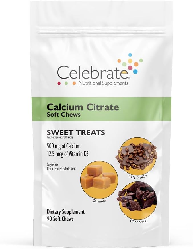 Celebrate Vitamins Bariatric Calcium Citrate Soft Chews with Vitamin D3, 500mg, Sugar-Free & Gluten-Free Calcium Citrate for Bariatric Patients, Sweet Treats, 90 Count