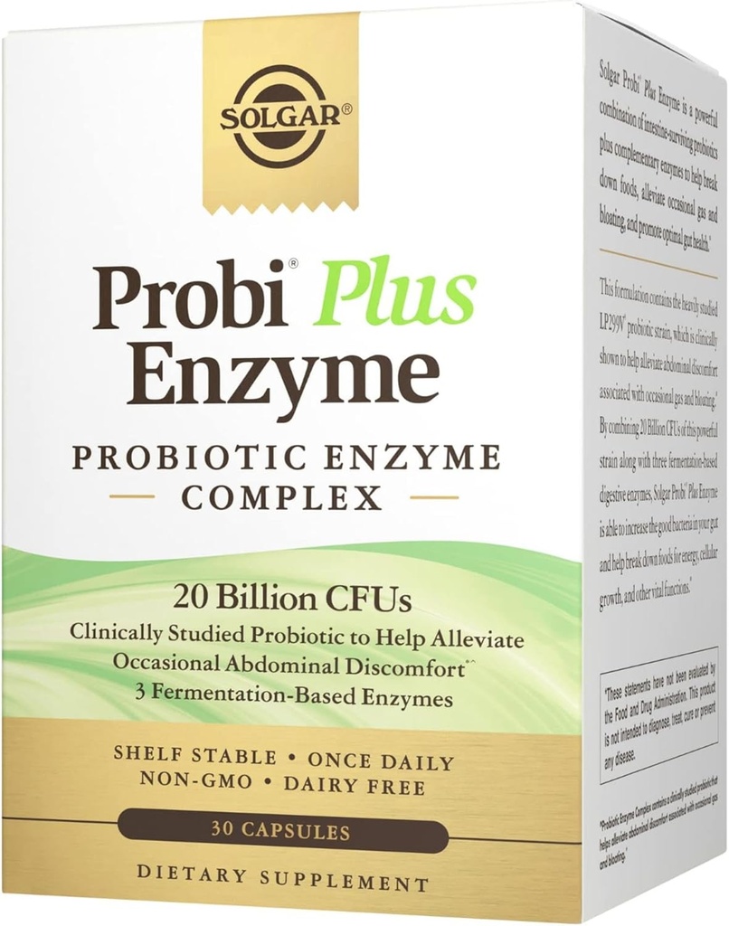 Solgar Probi Plus Enzyme Complex, 30 Capsules - 20 Billion CFU Probiotic Plus Enzymes - Once Daily - Clinically-Studied to Alleviate Occasional Gas & Bloating - Non-GMO & Dairy Free, 30 Servings