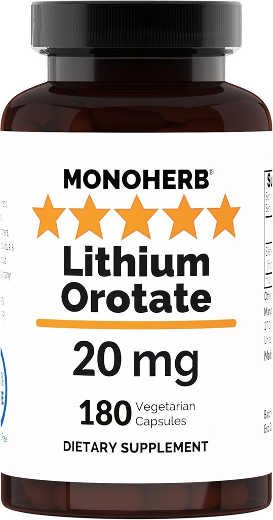 MONOHERB Lithium Orotate 20 mg of Elemental Lithium per Capsule - 180 Vegetarian Capsules
