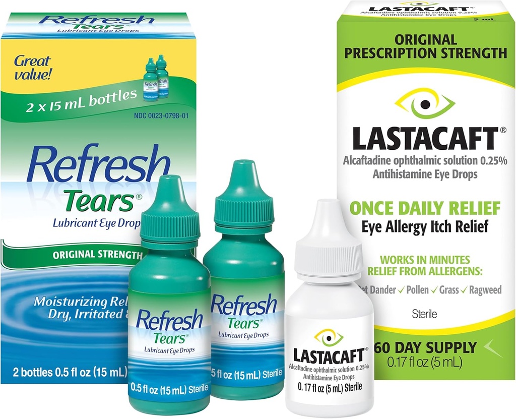 Bundle of Refresh Tears Lubricant Eye Drops, 2 Count (Pack of 1) + Lastacaft Once Daily Eye Allergy Itch Relief Drops, 60 Day Supply, 0.17 Fl Oz (Pack of 1)