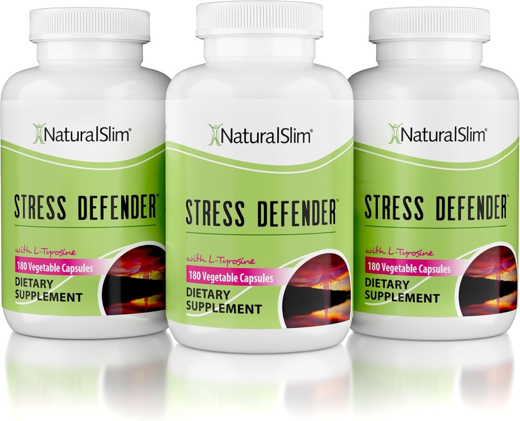 NaturalSlim Stress Relief Supplement - Stress Defender, High Cortisol Reducer, Control Cravings, Sleep & Metabolism Support with Vitamin B5 Pantothenic Acid & L Tyrosine 180 Vegetable Capsules 3 Pack