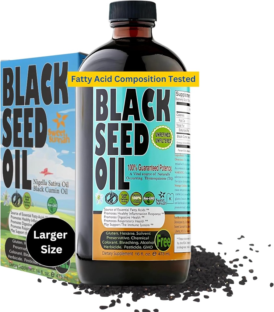 Premium Black Seed Oil Liquid 16 oz - Sugar Free 3 Month Supply Antioxidant Turkish Black Cumin Seed Oil - 3X Thymoquinone First Cold Press Vegan, Halal, Sweet Sunnah