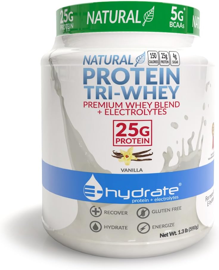 E-hydrate Tri-Whey Protein Powder Gluten Free BCAA + Electrolytes Hydrate Recover, Vanilla, 1.3lb Tub
