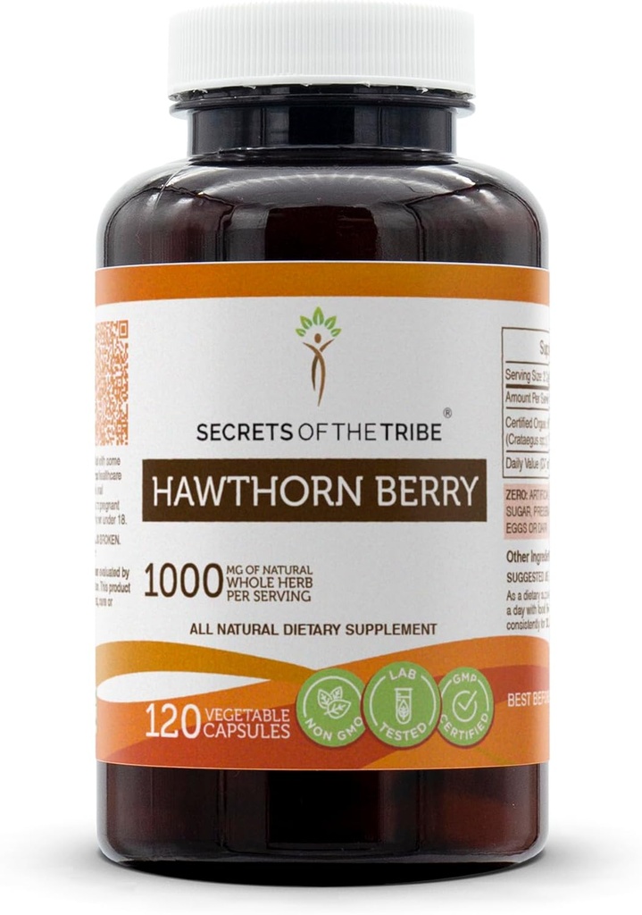 Secrets of the Tribe Hawthorn Berry Capsules 1000 mg Hawthorn (Crataegus spp.) Dried Berry, Cardio Support Supplement (120 Capsules)