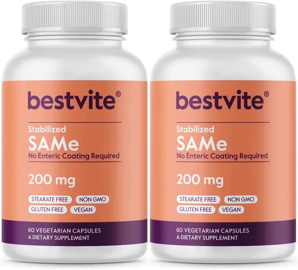 BESTVITE SAM-e 200mg Stabilized (120 Vegetarian Capsules) (60 x 2) - Easy to Swallow Capsule Form - No Enteric Coat Needed - No Stearates - No Fillers - Vegan - Non GMO - Gluten Free