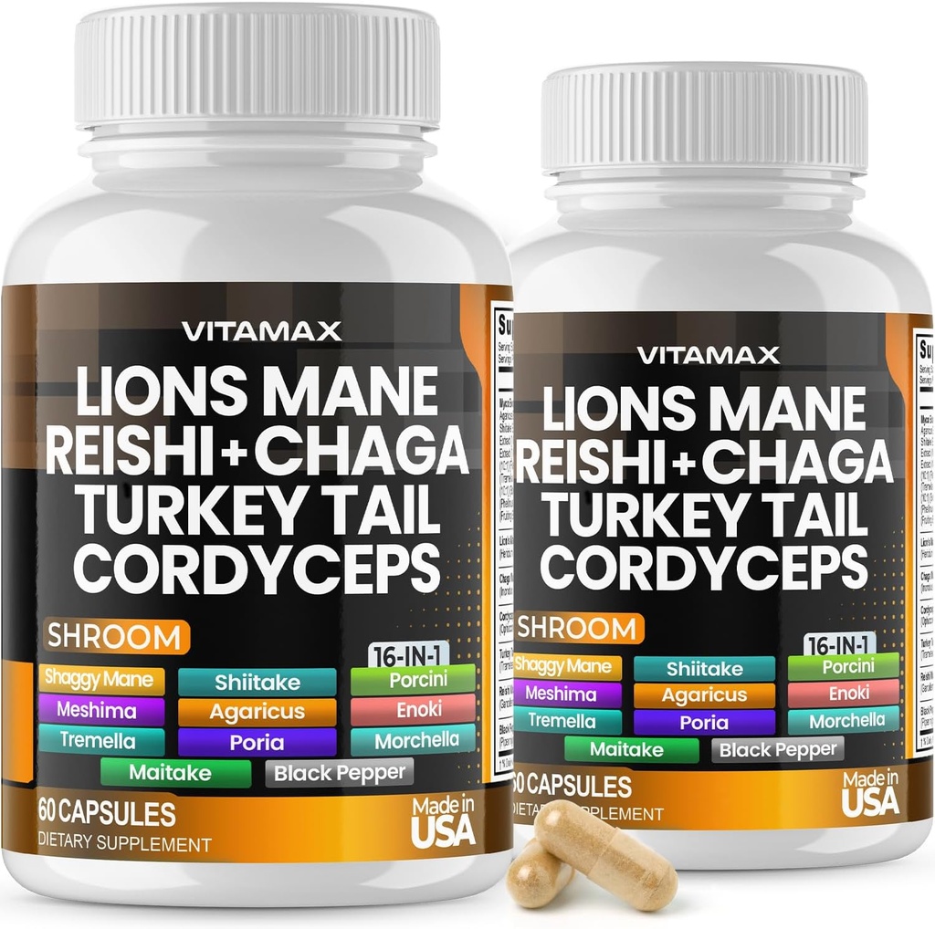 Vitamax Lions Mane Mushroom, Turkey Tail, Chaga & Reishi, Cordyceps Shiitake White Elm King Trumpet Nameko Oyster Porcini Focus & Energy - Made in USA