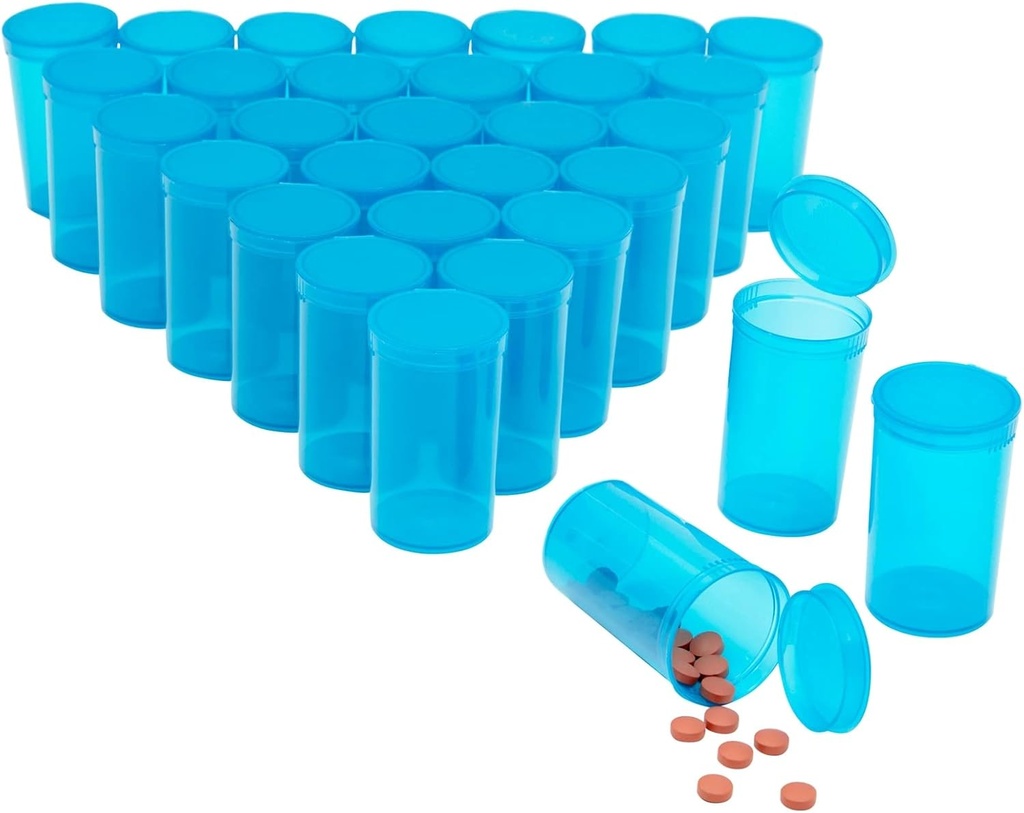 Juvale 30 Pack Empty Pop-Top Pill Bottles - 19 Dram Capacity - Blue Plastic - Caps for Easy Access - Medicine Containers & Vials with Caps - Squeeze-Open Travel Vials