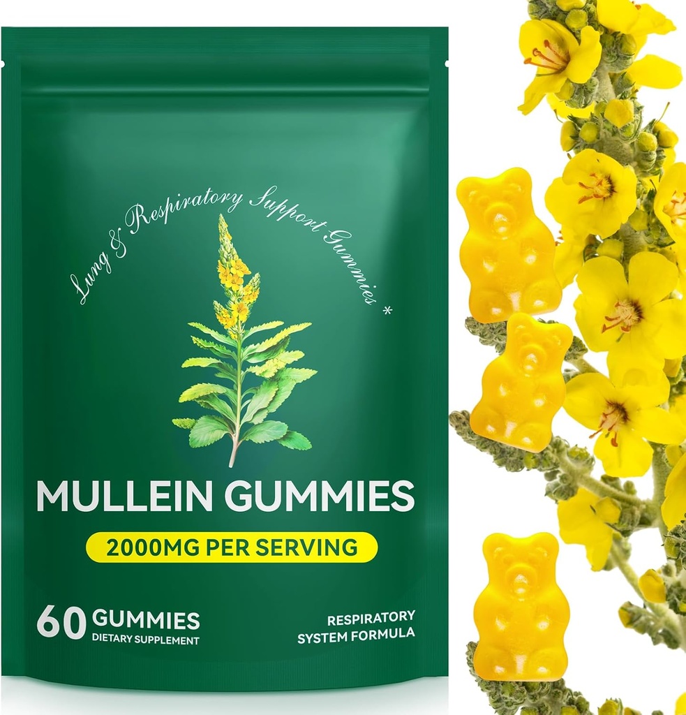 Mullein Gummies for Lung Detox, 2000mg Mullein Leaf Extract for Respiratory & Digestive & Immune Support, Organic Mullein Herb Supplement for Mucus Relief for Respiratory, Immune, Vegan 60 Gummies