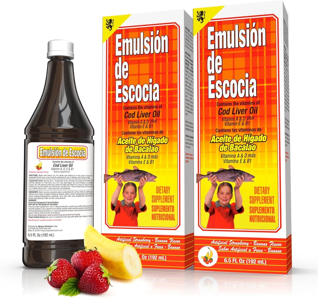 Emulsión de Escocia Cod Liver Oil Liquid Supplement with Vitamins A, D, E & B1 - Natural Fish Oil Omega 3 for Kids & Adults - Delicious Strawberry Banana Flavor - 6.5 oz (2-Pack)